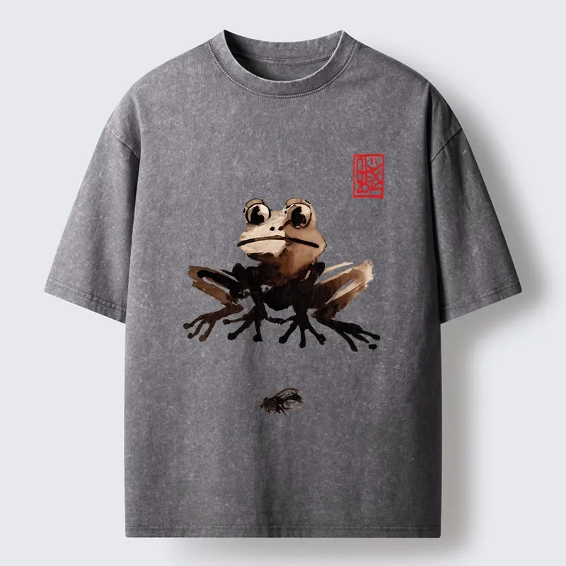 Tokyo-Tiger Ink Wash Frog And Its Tiny Prey Washed T-Shirt