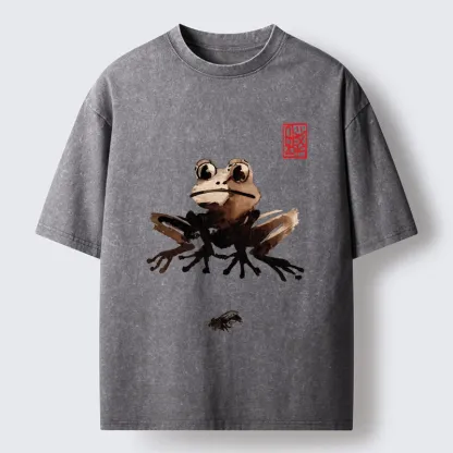 Tokyo-Tiger Ink Wash Frog And Its Tiny Prey Washed T-Shirt