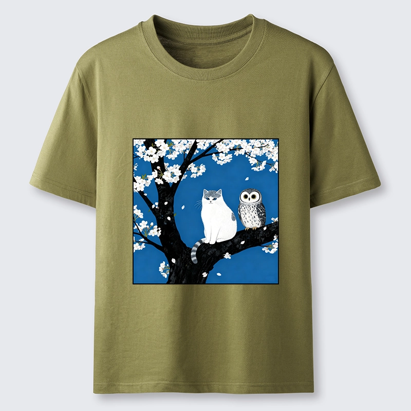 Tokyo-Tiger Cat And Owl Under Sakura Classic T-Shirt