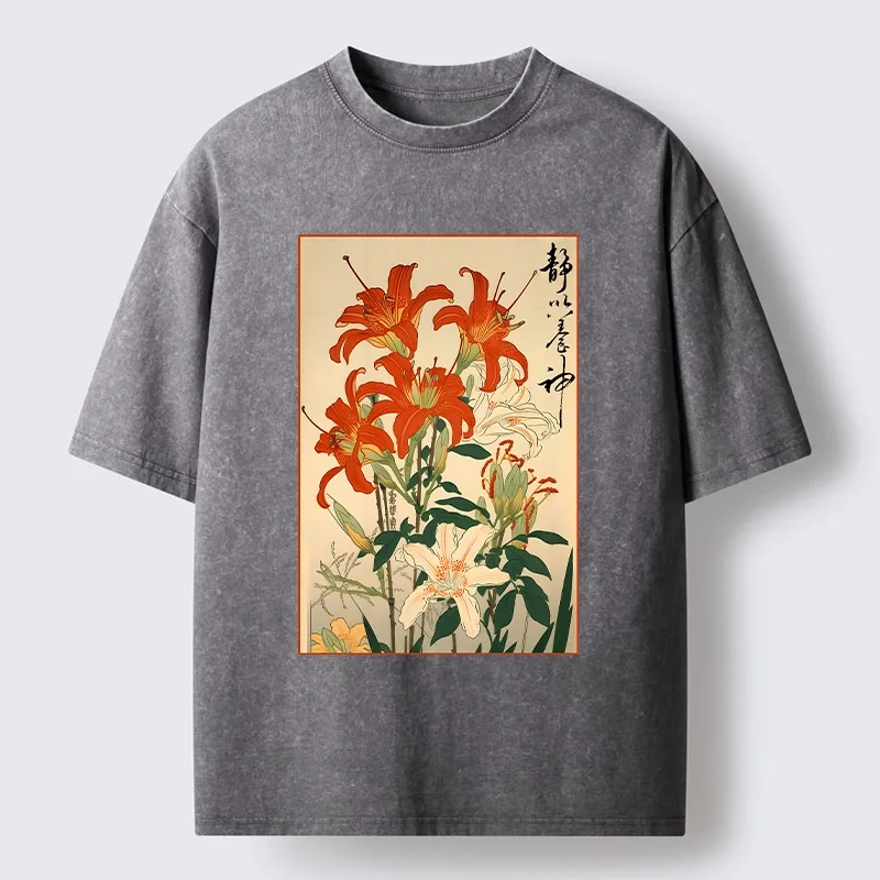 Tokyo-Tiger Vibrant Red And White Lilies Washed T-Shirt