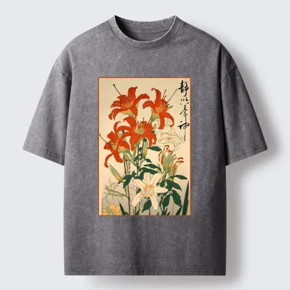 Tokyo-Tiger Vibrant Red And White Lilies Washed T-Shirt