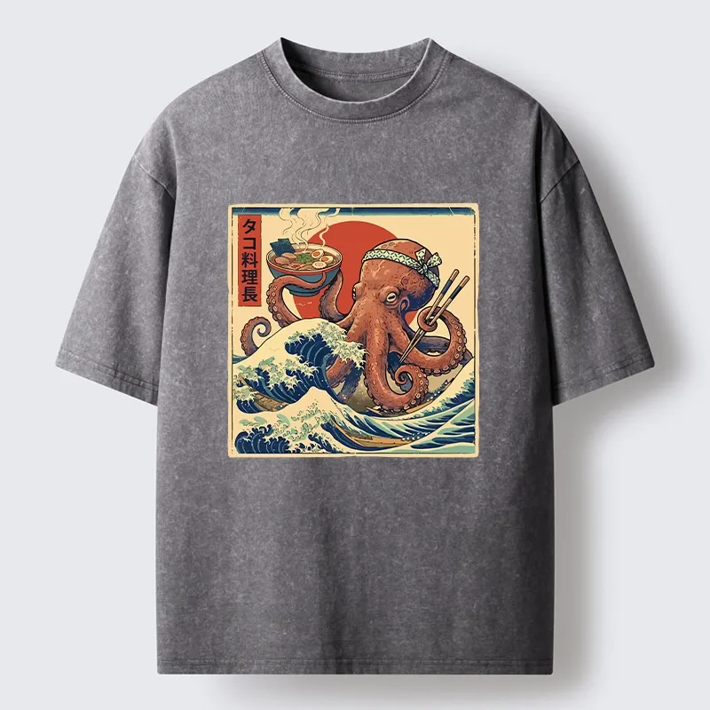 Tokyo-Tiger Ukiyo-E Octopus Ramen Master Washed T-Shirt