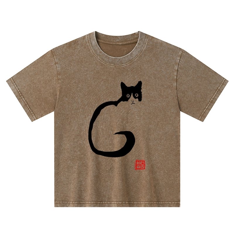 Tokyo-Tiger Calm Cat In Simple Lines Kids Washed T-Shirt