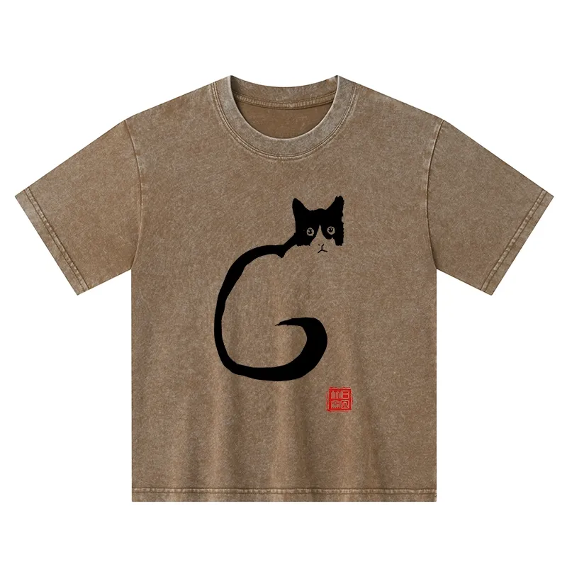 Tokyo-Tiger Calm Cat In Simple Lines Kids Washed T-Shirt