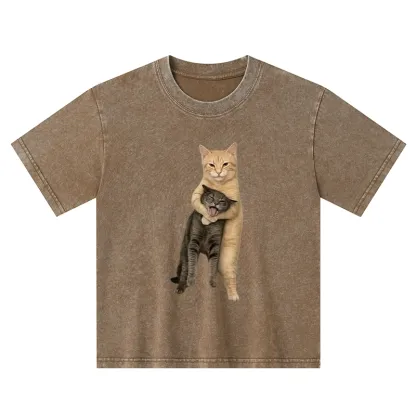 Tokyo-Tiger Orange Cat’s Tight Embrace Kids Washed T-Shirt