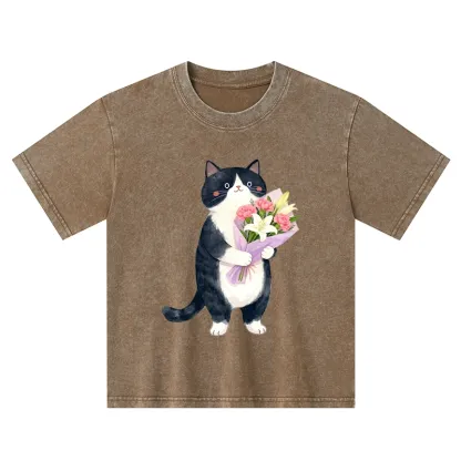 Tokyo-Tiger Sweet Cat Delivers Flowers Kids Washed T-Shirt