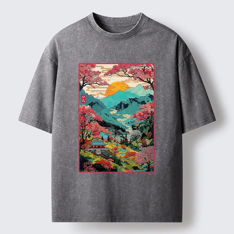 Tokyo-Tiger Golden Sun Over Serene Valley Washed T-Shirt