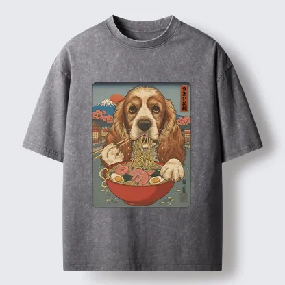 Tokyo-Tiger Dog Slurping Ramen In Japanese Style Washed T-Shirt