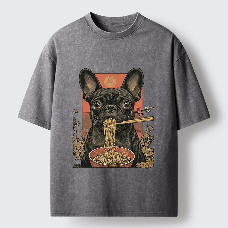 Tokyo-Tiger Vintage Style Dog & Ramen Art Washed T-Shirt