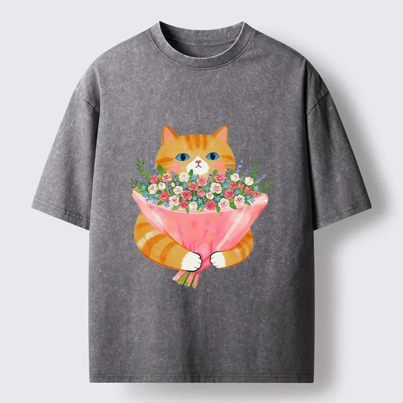 Tokyo-Tiger Cozy Cat Offering A Bouquet Washed T-Shirt