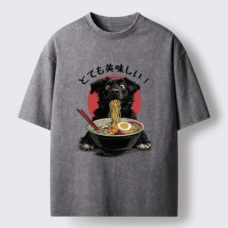 Tokyo-Tiger Dog Eating Ramen Joyfully Washed T-Shirt