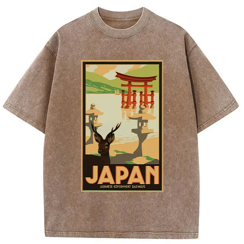 Tokyo-Tiger Japanese Deer And Scenery Washed T-Shirt