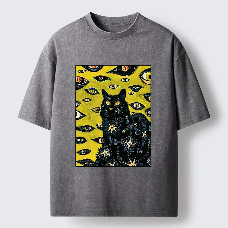 Tokyo-Tiger Cat With Many Eyes And Stars Washed T-Shirt