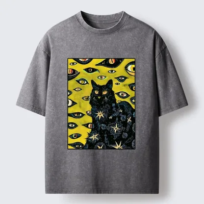 Tokyo-Tiger Cat With Many Eyes And Stars Washed T-Shirt