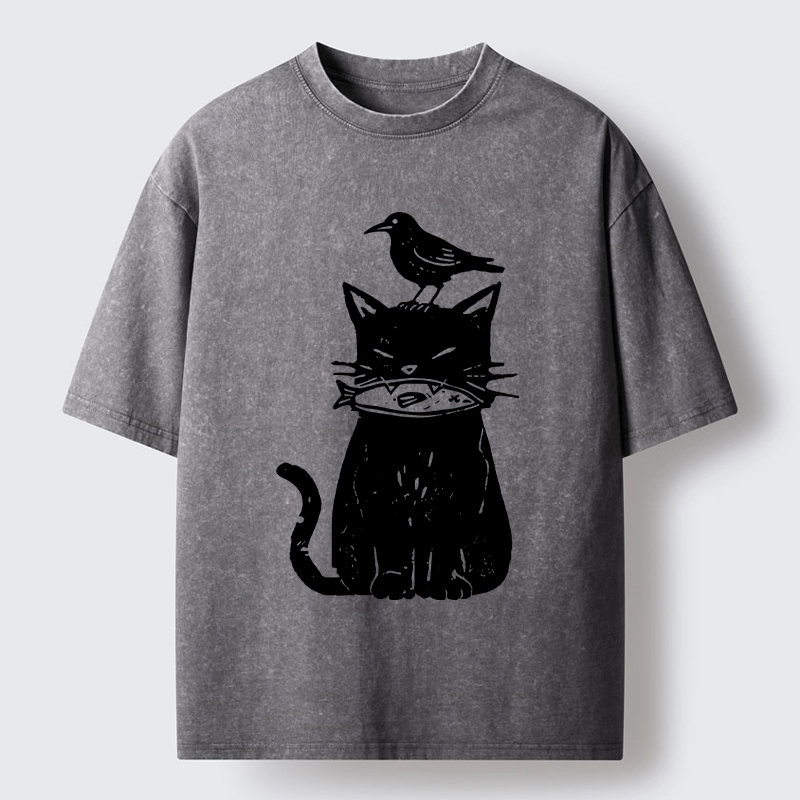 Tokyo-Tiger Black Cat With Fish And Bird Washed T-Shirt