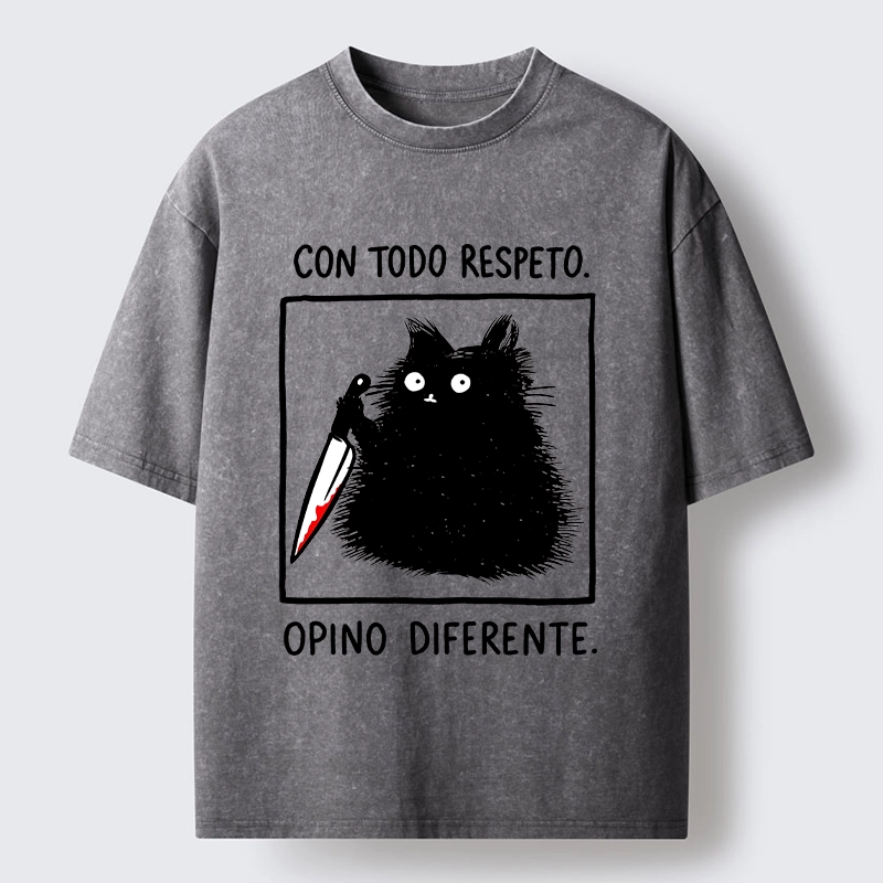 Tokyo-Tiger Black Cat Holds Knife Disagrees Washed T-Shirt