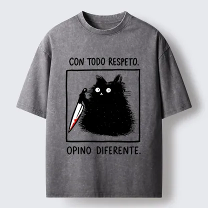 Tokyo-Tiger Black Cat Holds Knife Disagrees Washed T-Shirt