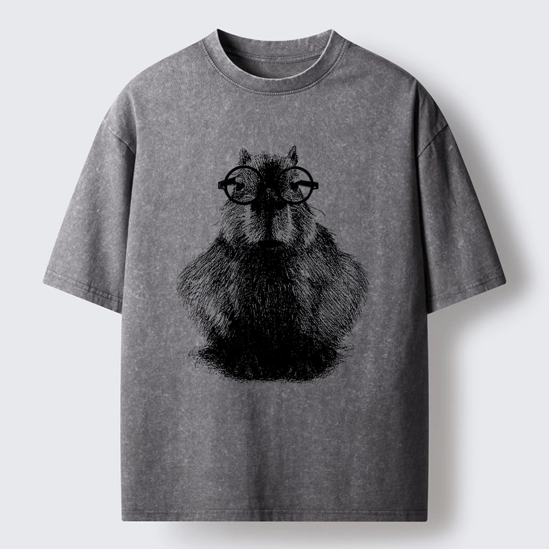 Tokyo-Tiger Smart Capybara With Glasses Washed T-Shirt
