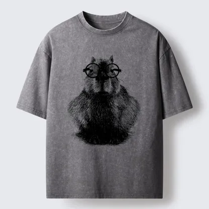 Tokyo-Tiger Smart Capybara With Glasses Washed T-Shirt