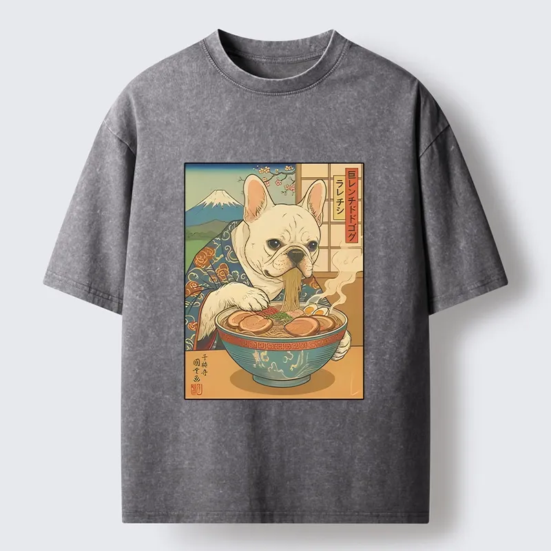 Tokyo-Tiger French Bulldog Ramen Art Washed T-Shirt