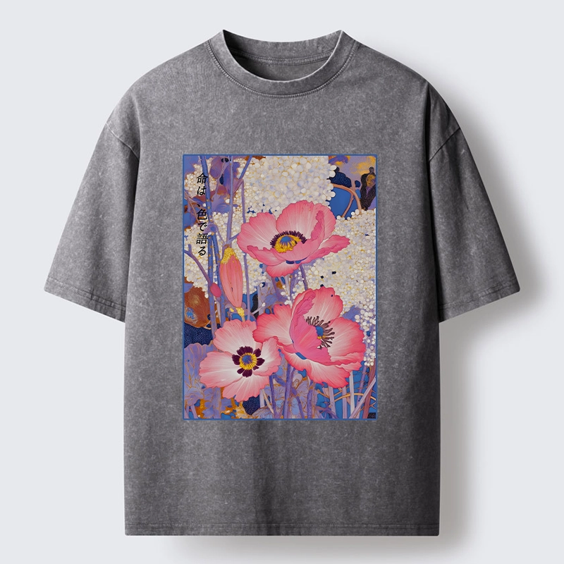 Tokyo-Tiger Vintage Japanese Poppy Art Washed T-Shirt