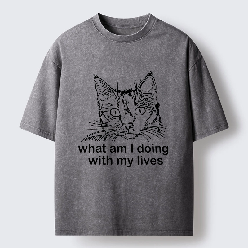 Tokyo-Tiger Confused Cat Life Reflection Washed T-Shirt