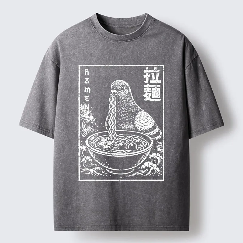 Tokyo-Tiger Pigeon Eating Ramen Art Washed T-Shirt