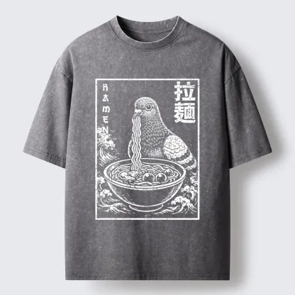 Tokyo-Tiger Pigeon Eating Ramen Art Washed T-Shirt