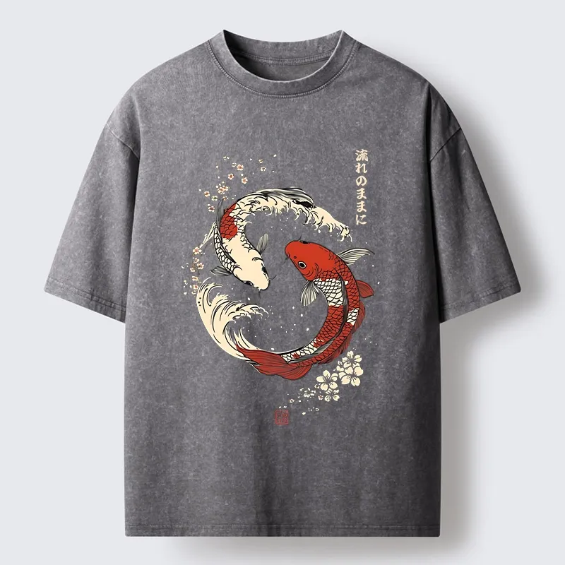 Tokyo-Tiger Elegant Koi Fish And Sakura Washed T-Shirt