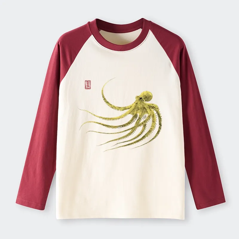 Tokyo-Tiger Retro Octopus Japanese Raglan Long Sleeve T-shirt