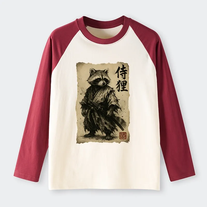 Tokyo-Tiger Retro Raccoon Samurai Raglan Long Sleeve T-shirt