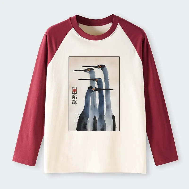 Tokyo-Tiger Retro Sandhill Crane Raglan Long Sleeve T-shirt