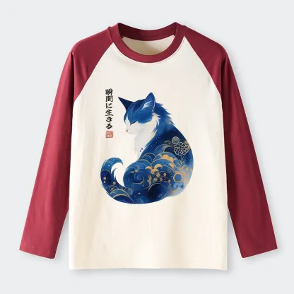 Tokyo-Tiger Retro Zen Cat: Living the Present Raglan Long Sleeve T-shirt