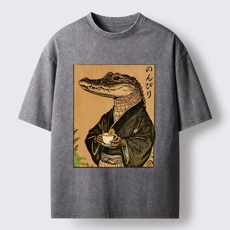 Tokyo-Tiger Alligator In Kimono Drinking Tea Washed T-Shirt