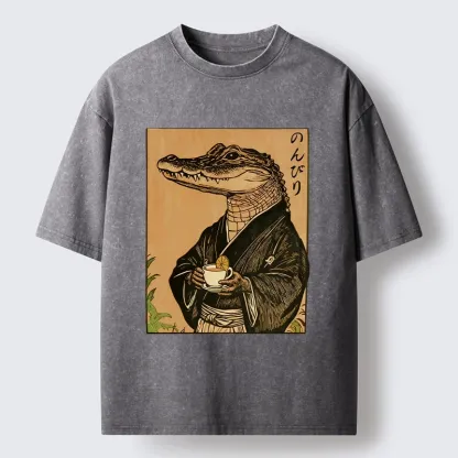 Tokyo-Tiger Alligator In Kimono Drinking Tea Washed T-Shirt