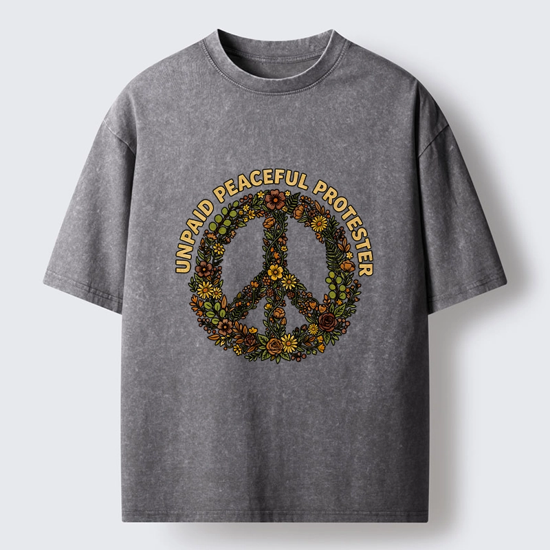 Tokyo-Tiger Vintage Floral Peace Symbol Print Washed T-Shirt
