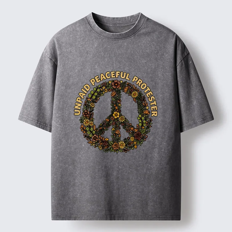 Tokyo-Tiger Vintage Floral Peace Symbol Print Washed T-Shirt