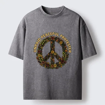 Tokyo-Tiger Vintage Floral Peace Symbol Print Washed T-Shirt