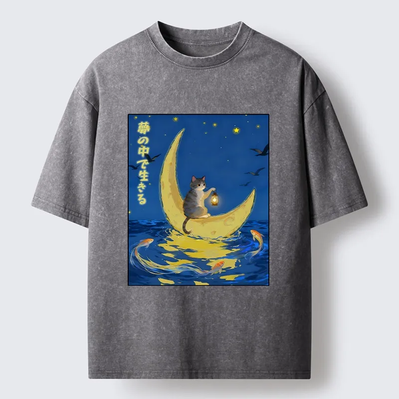 Tokyo-Tiger Cat On Moon Boat Over Sea Washed T-Shirt