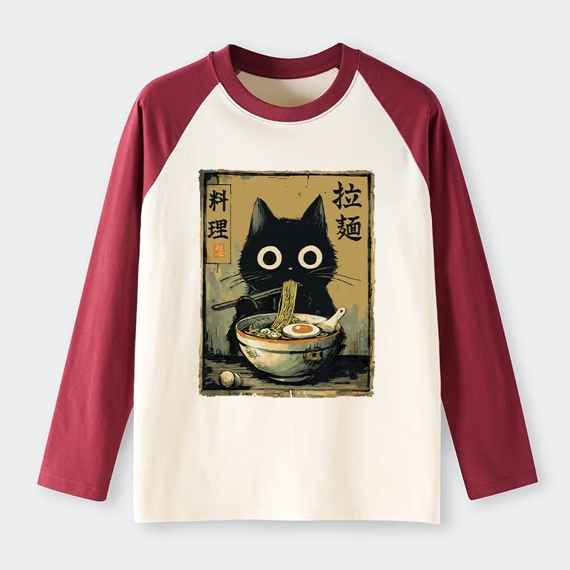 Tokyo-Tiger Cute Black Cat Eating Ramen Japan Raglan Long Sleeve T-shirt