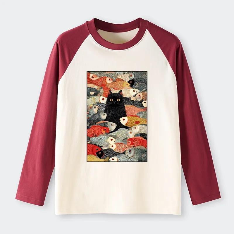 Tokyo-Tiger Cats And Fish Raglan Long Sleeve T-shirt