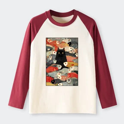 Tokyo-Tiger Cats And Fish Raglan Long Sleeve T-shirt