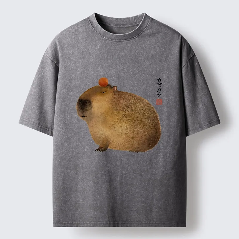Tokyo-Tiger Calm Capybara Illustration Washed T-Shirt