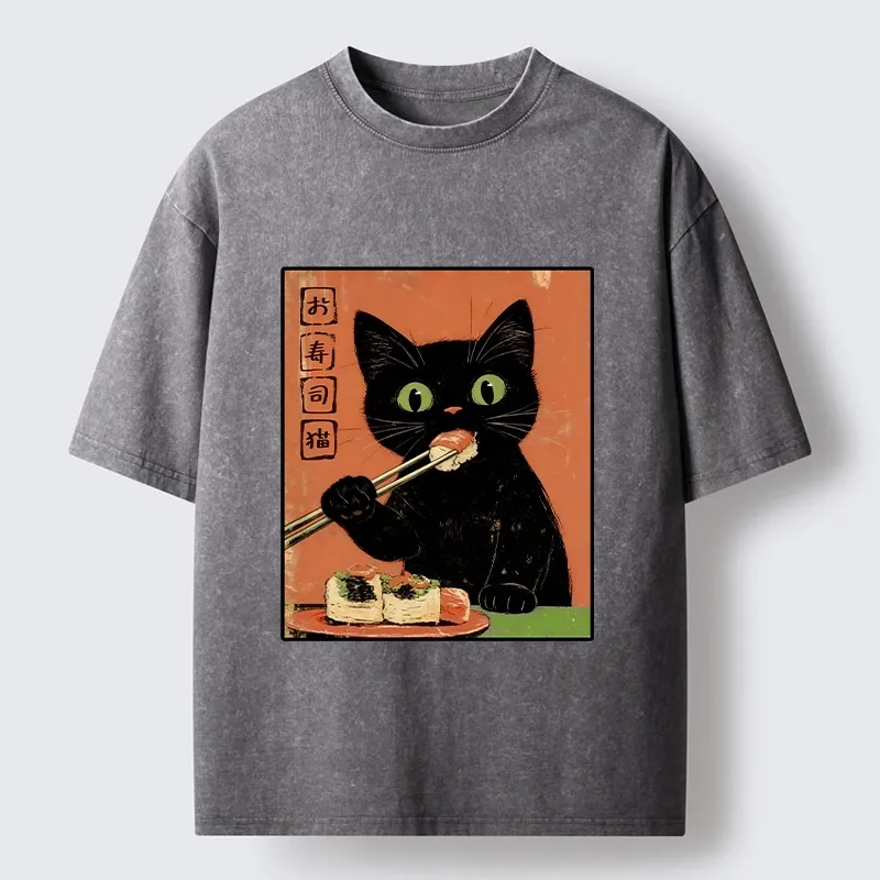 Tokyo-Tiger Japanese Style Sushi Cat Art Washed T-Shirt