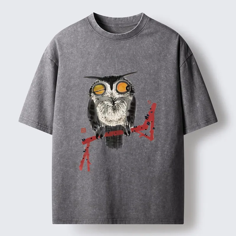 Tokyo-Tiger Ink Wash Owl On Red Branch Washed T-Shirt