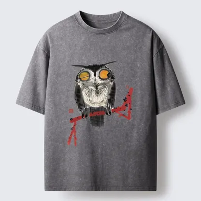 Tokyo-Tiger Ink Wash Owl On Red Branch Washed T-Shirt