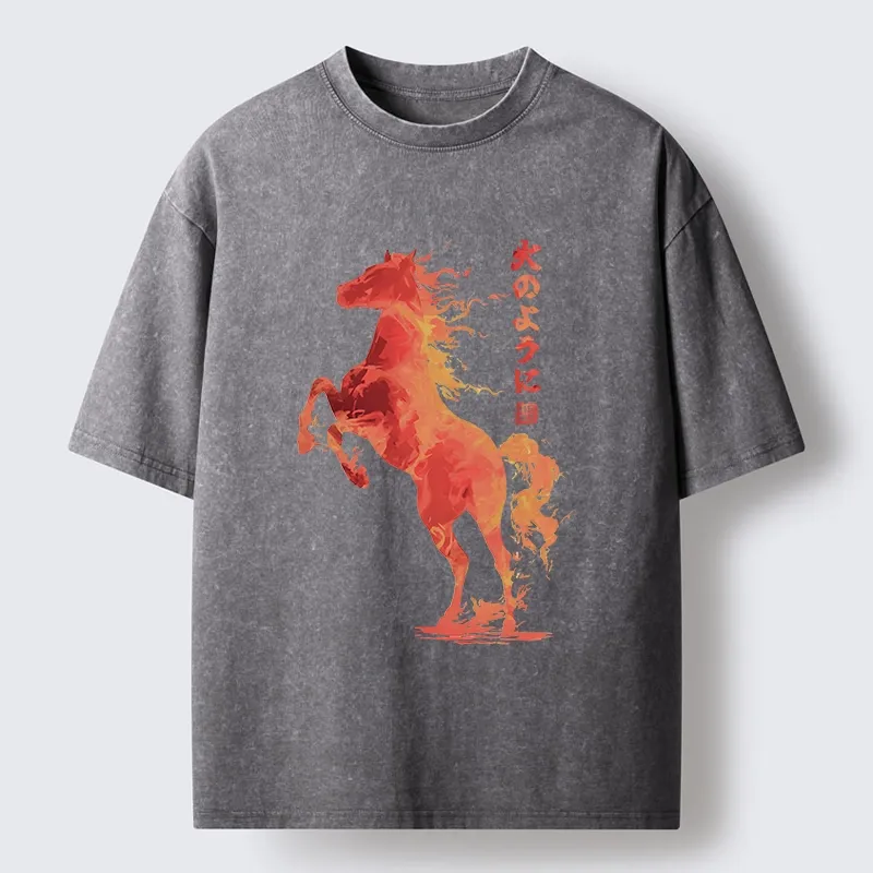 Tokyo-Tiger Fire Horse Japanese Art Washed T-Shirt