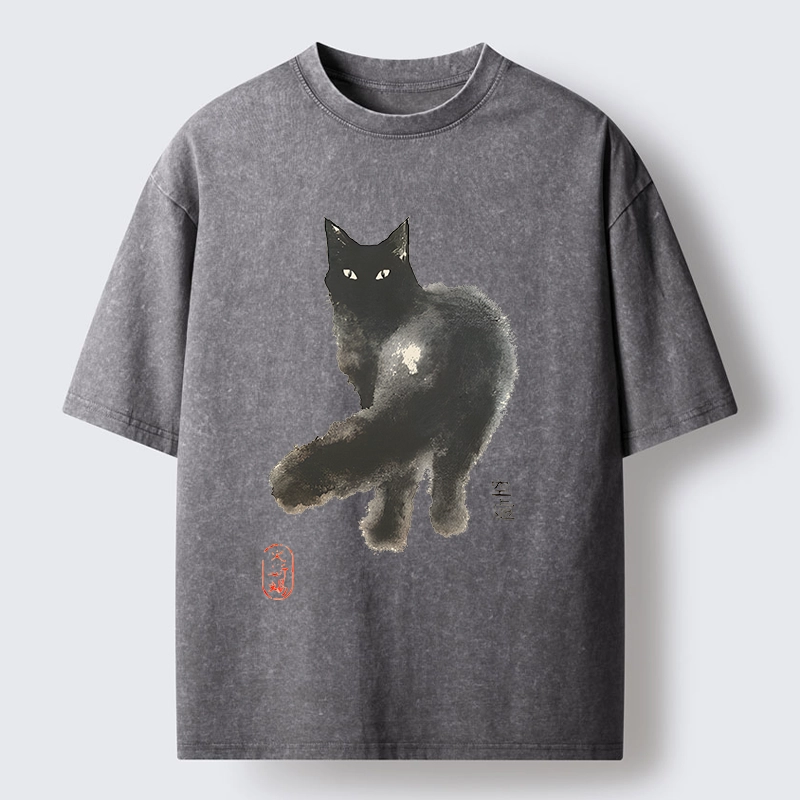 Tokyo-Tiger Black Cat Emptiness Ink Wash Washed T-Shirt