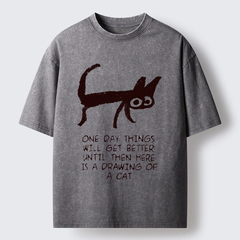 Tokyo-Tiger Cat Cheer Up Drawing Washed T-Shirt
