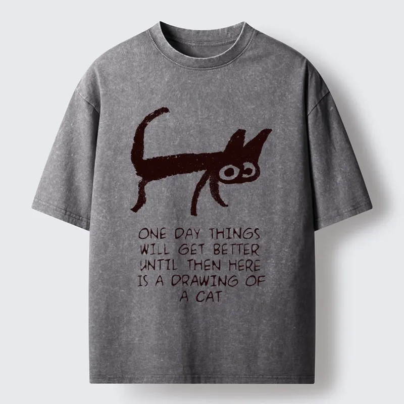 Tokyo-Tiger Cat Cheer Up Drawing Washed T-Shirt